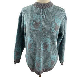 Vintage 80s Adele Knitwear Sweater Gray Blue Teddy Bear USA Kawaii